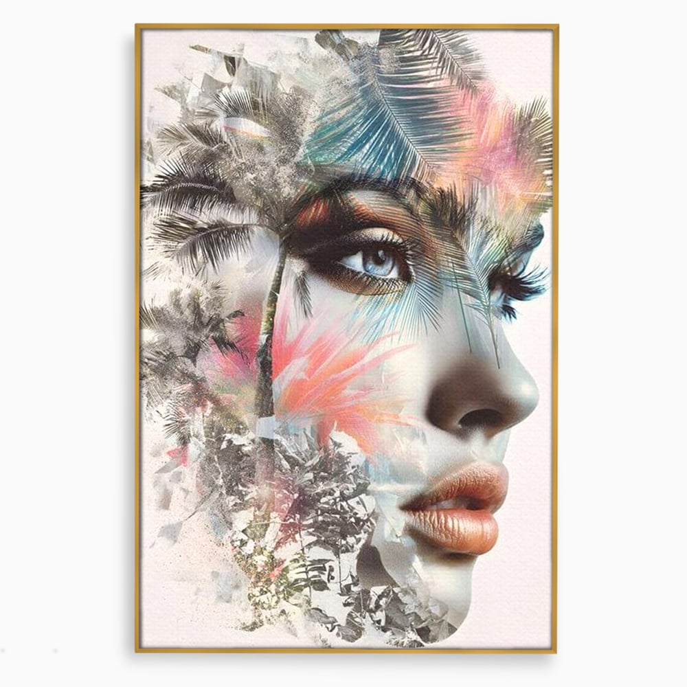Tablou canvas cu tablou canvas cu portret feminin si palmieri, in rama de aluminiu auriu